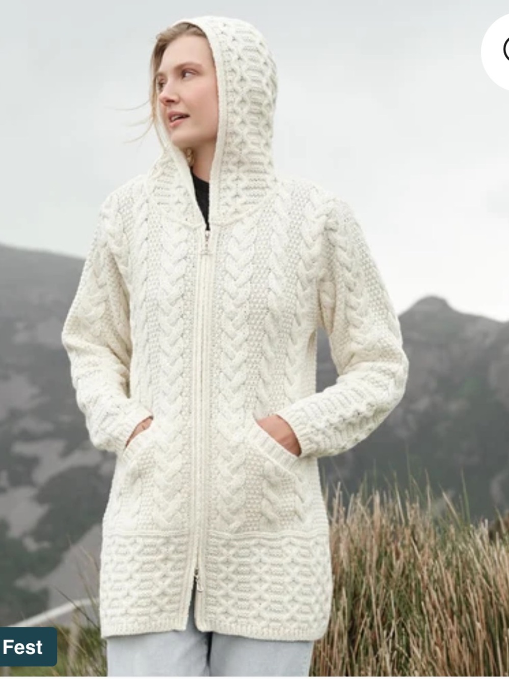 Inis Crafts 100% Merino Wool Full Zip Hooded Aran Cable Knit Cardigan Sweater XS